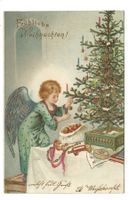 Fröhliche Weihnachten - Engel Christbaum - Präge-Litho 1902