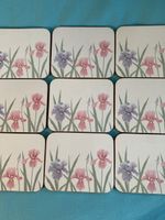 9 Floral Iris Coasters, to place under the drinks