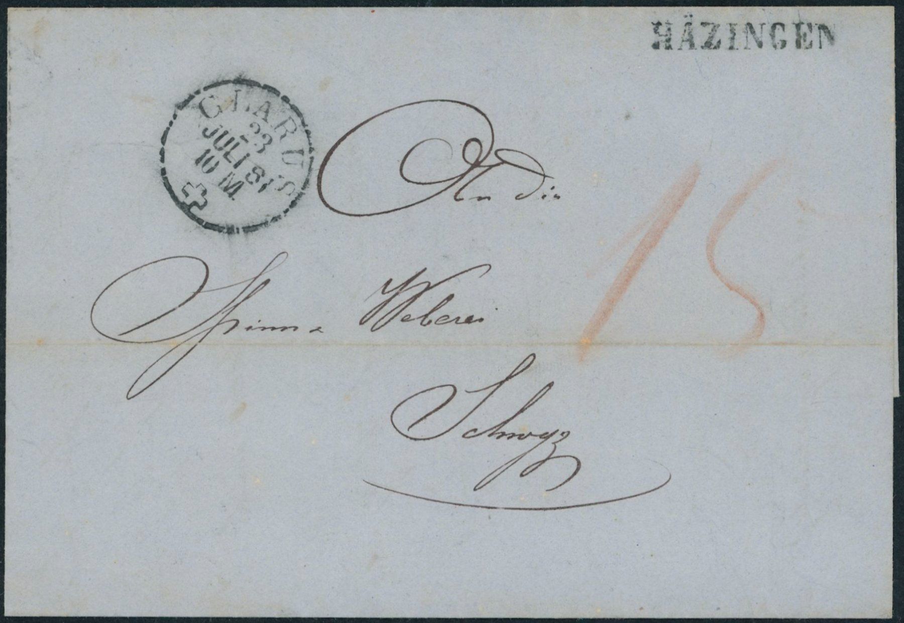 Alle Briefmarken: GL Hätzingen - Stabstempel - Glarus - Brief – Gebraucht aus Schindellegi von leecollect