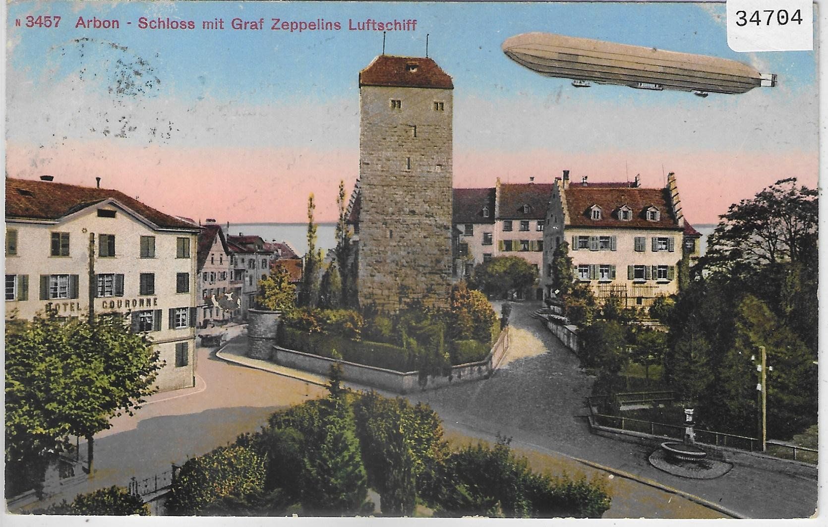 Cartoline postali: Arbon - Schloss mit Graf Zeppelins Luftschiff - Litho – Usato da Ettingen venduto da Kartenplanet