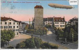 Arbon - Schloss mit Graf Zeppelins Luftschiff - Litho