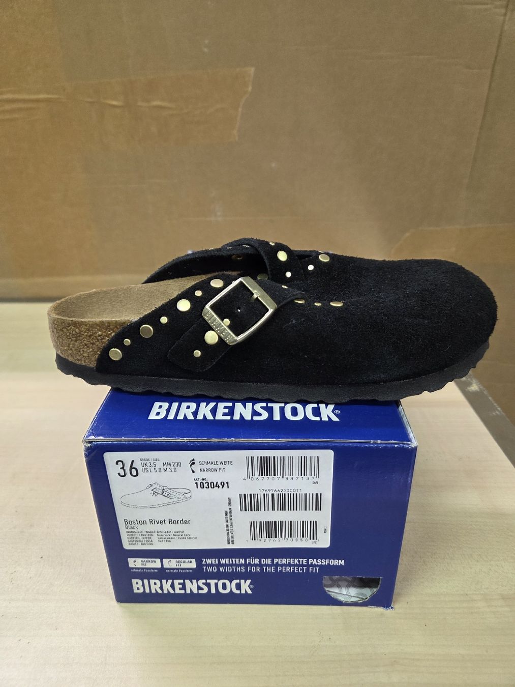 Birkenstock Damenschuhe: Boston Rivet Border Black – Neu und originalverpackt aus Maroggia von MarDoni