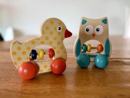 Holzspielzeug Eule & Ente m. Rädern & Zählrahmen Top Zustand