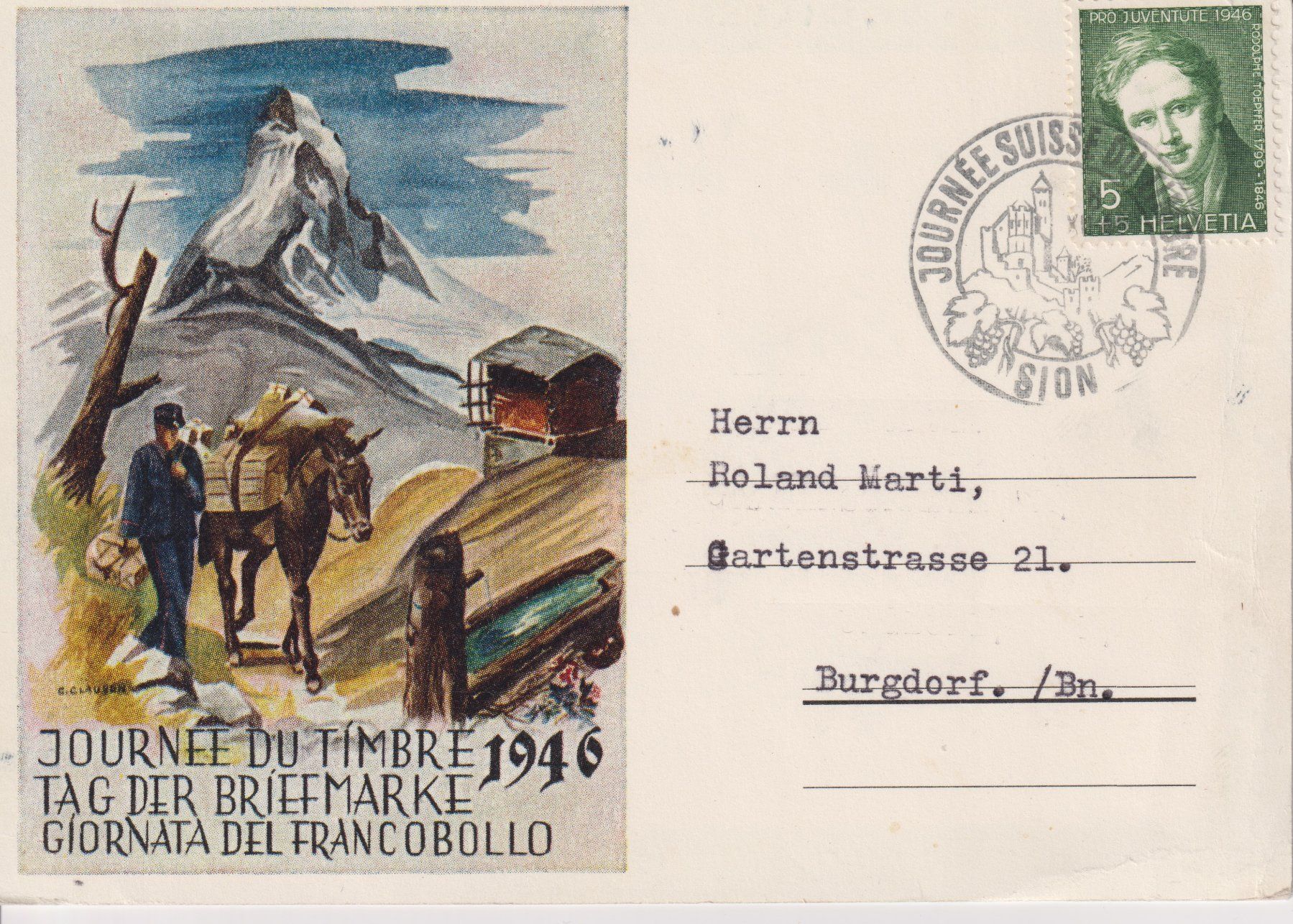 Alle Briefmarken: Tag der Briefmarke Sion 1946 – Gebraucht aus Bellach von qsearch