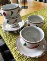 Suppentassen mit Untertassen, Keramik, Gemüsemotiv, 4-teilig