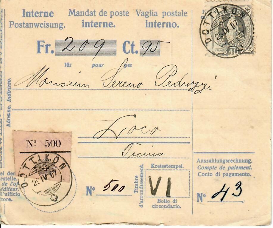 Tutti i francobolli: Interne Postanweisung Dottikon 1907 Perfin  - Loco TI – Usato da Hochdorf venduto da Ziegel-16