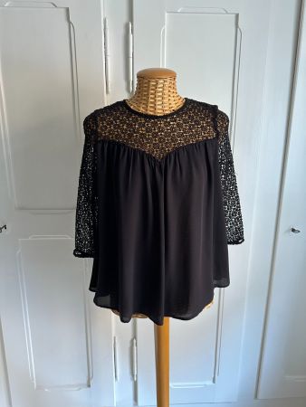 Chiffon Blusenoberteil schwarz mit Spitze XS
