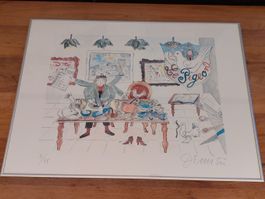 Signierte Original-Lithographie von Dimitri, gerahmt.