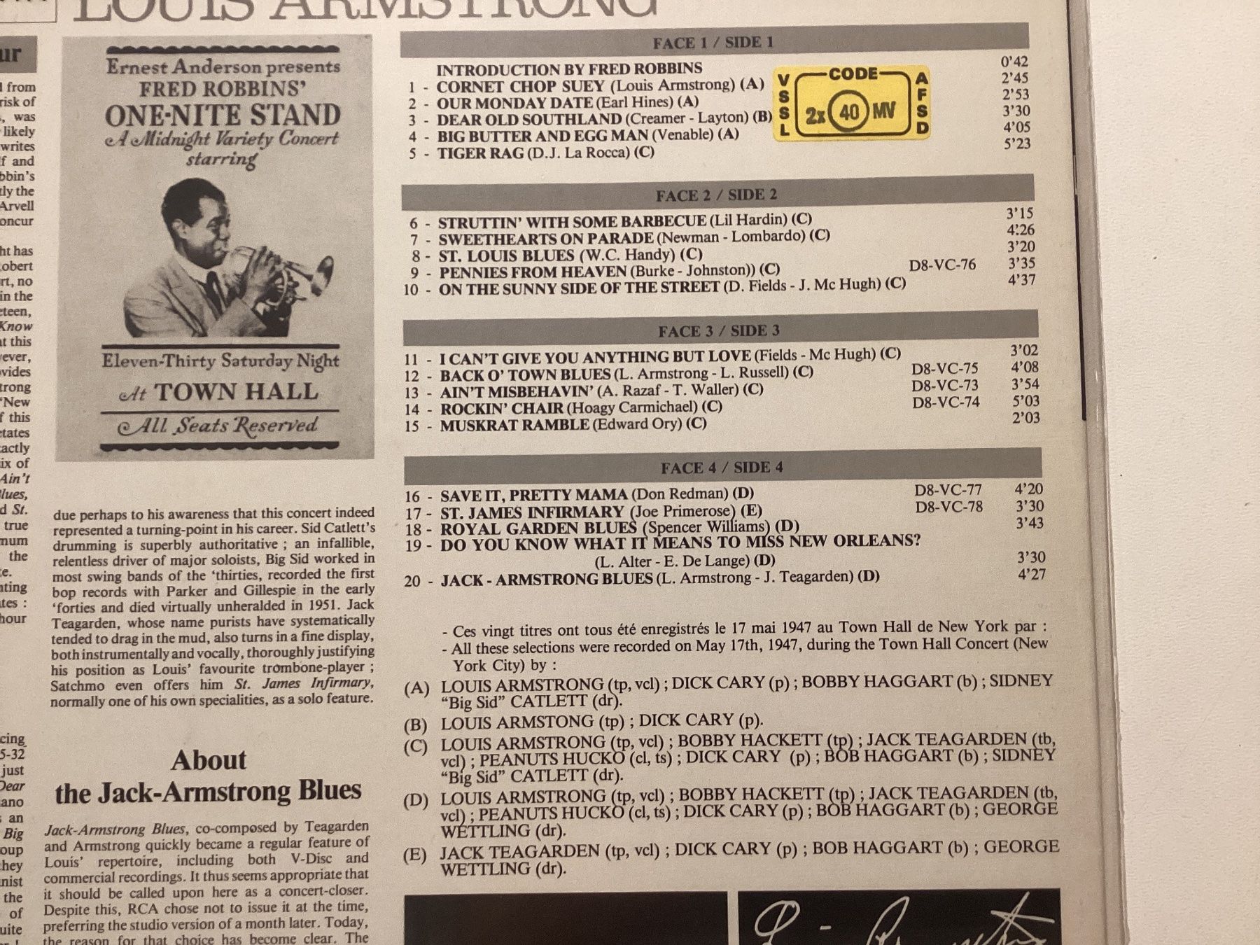 Schallplatten: Louis Armstrong Doppel-LP - At Town Hall – Gebraucht aus Gutenswil von Hamzian 1