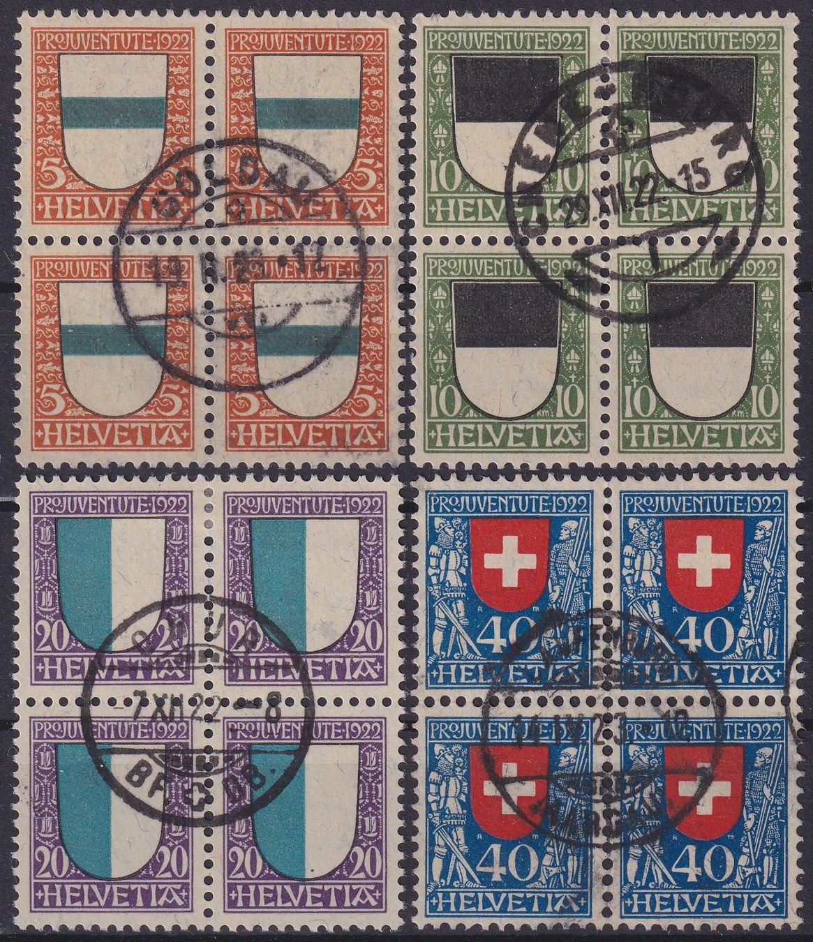 Alle Briefmarken: PJ 1922 Viererblöcke gestempelt, Kat: 800.- – Gebraucht aus Ebikon von SilvioFreund