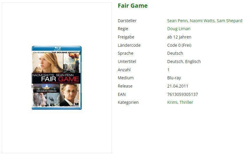 Tutti i DVDs: Fair Game (Bluray) – Usato da Buchrain venduto da Sssschaller