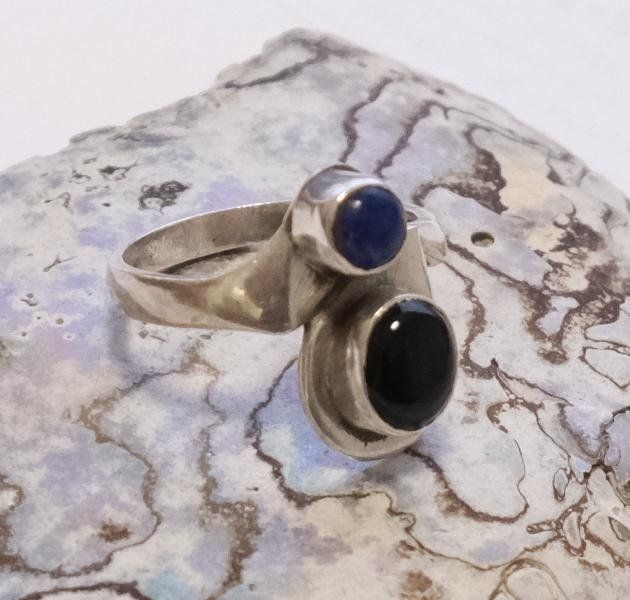 Anelli: Silberring Onyx und Lapislazuli Vintage – Usato da Zürich venduto da Melody2000 1