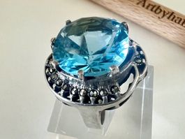 Vintage Art Déco Silberring – blauer Stein & Markasiten G54
