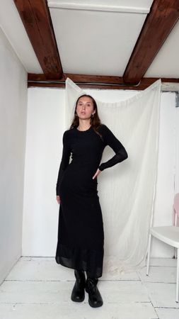 Vintage Black maxi dress with sheer sleeves and ruffled hem 