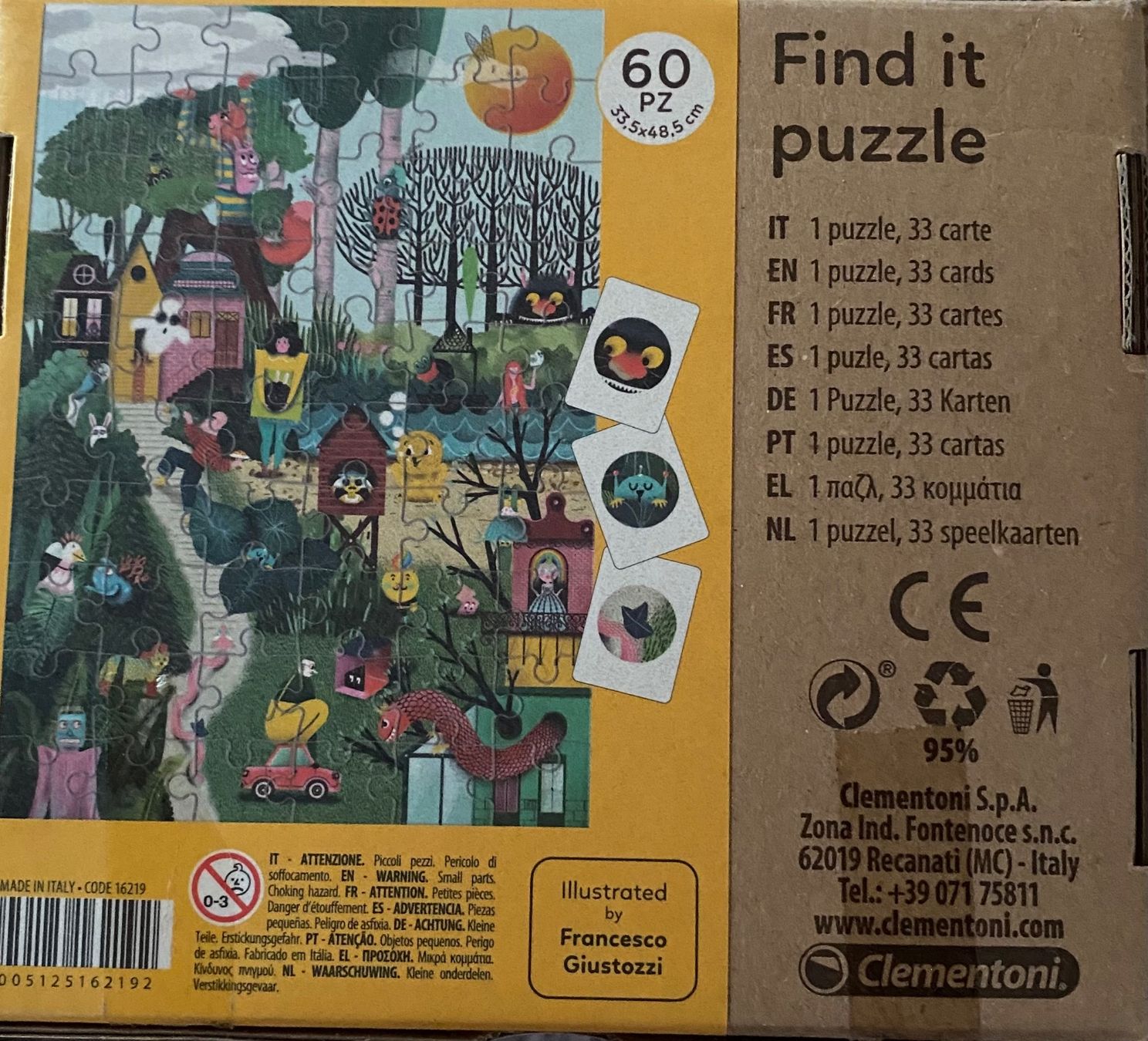 Clementoni Puzzle: Find it puzzle 60 pezzi in materiale riciclato – Nuovo (secondo la descrizione) da Corzoneso venduto da chiara017 2