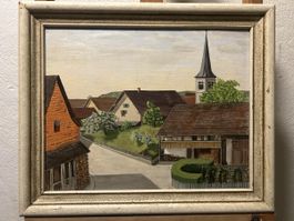 Ölgemälde auf Holz – idyllische Dorfansicht mit Kirche
