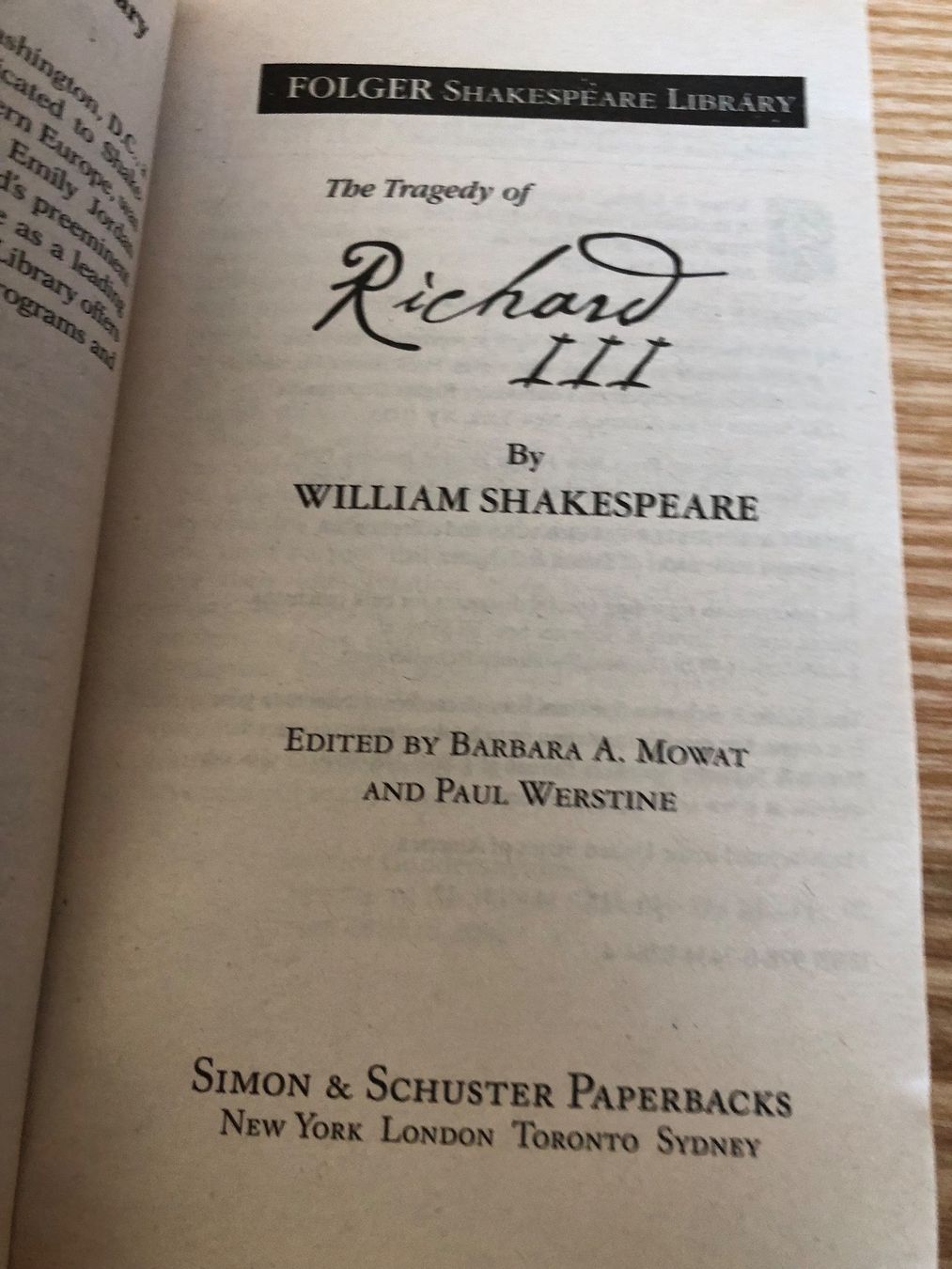 Libri: Shakespeare Richard III, Folger Ed., with illustrations – Usato da Zürich venduto da Upippin 2