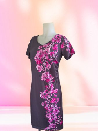 Damenkleid dunkelgrau mit pinken Blumenmuster