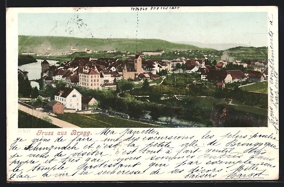 Ansichtskarten: Lithographie Brugg, Panorama, 1901 – Gebraucht aus Berlin von bartko-reher