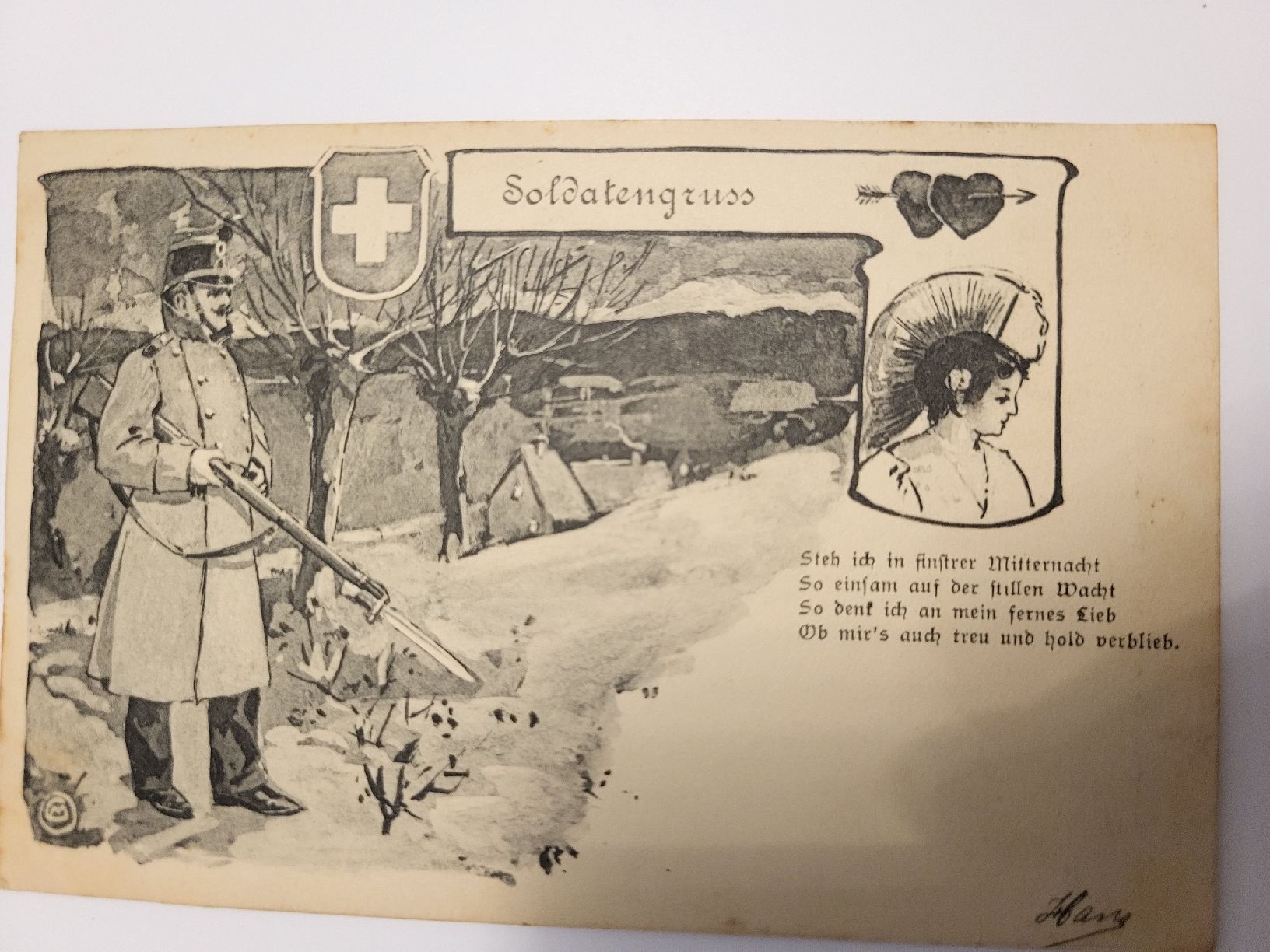 Cartoline postali: Alte Ansichtskarte Soldatengruss mit Schweizer Kreuz R60 – Usato da nunningen venduto da mic_88k2