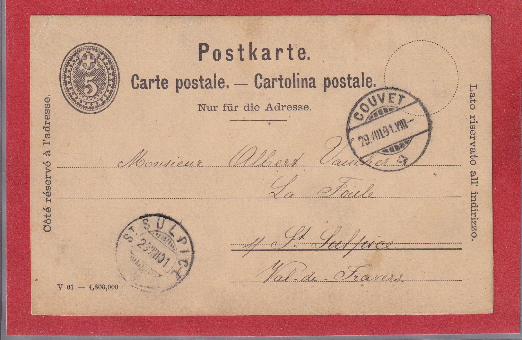 Cartoline postali: Carte photo - Couvet - 1901 – Usato da Orvin venduto da Pyaeschli 1