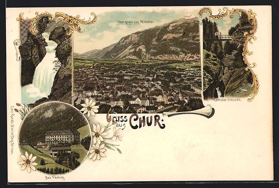 Cartoline postali: Litho Chur, Sauerquell Passug, Rabiusa-S – Usato da Berlin venduto da bartko-reher