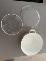 Emaille Topf mit Glasdeckel und Frittierkorb cremeweiss