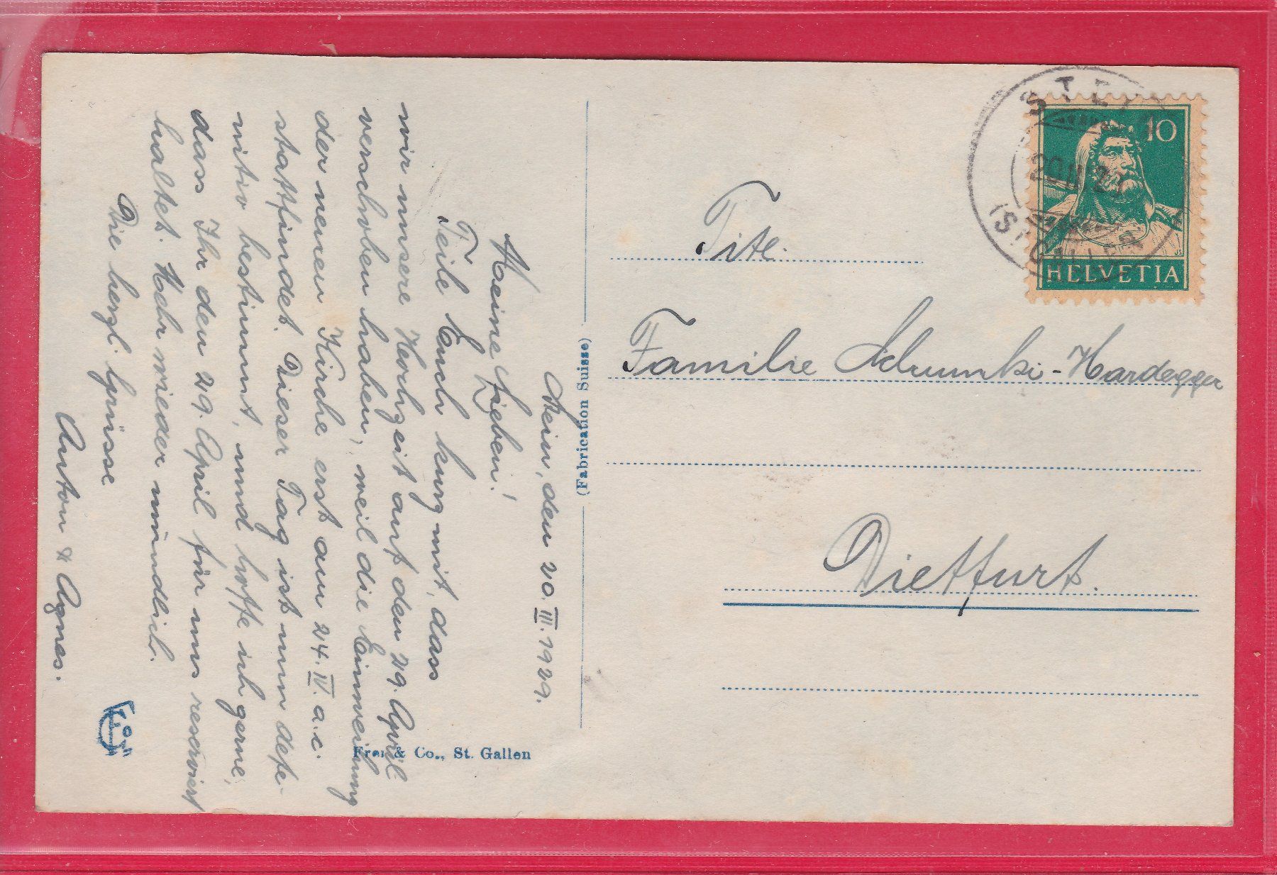 Cartoline postali: STEIN MIT CHURFIRSTEN, 20.3.1929 – Usato da Oberrieden venduto da Gebirgsstelze 1