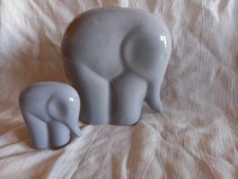 2 Deko Elefanten Mutter & Kind, Keramik, grau, süss