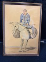 Gerahmtes Aquarell: Mann mit Esel, Original Kunst!