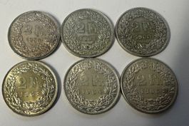 2 Fr. SILBERMÜNZEN SCHWEIZ, 6 STÜCK, Jg. 1955-57-60-63-64-65