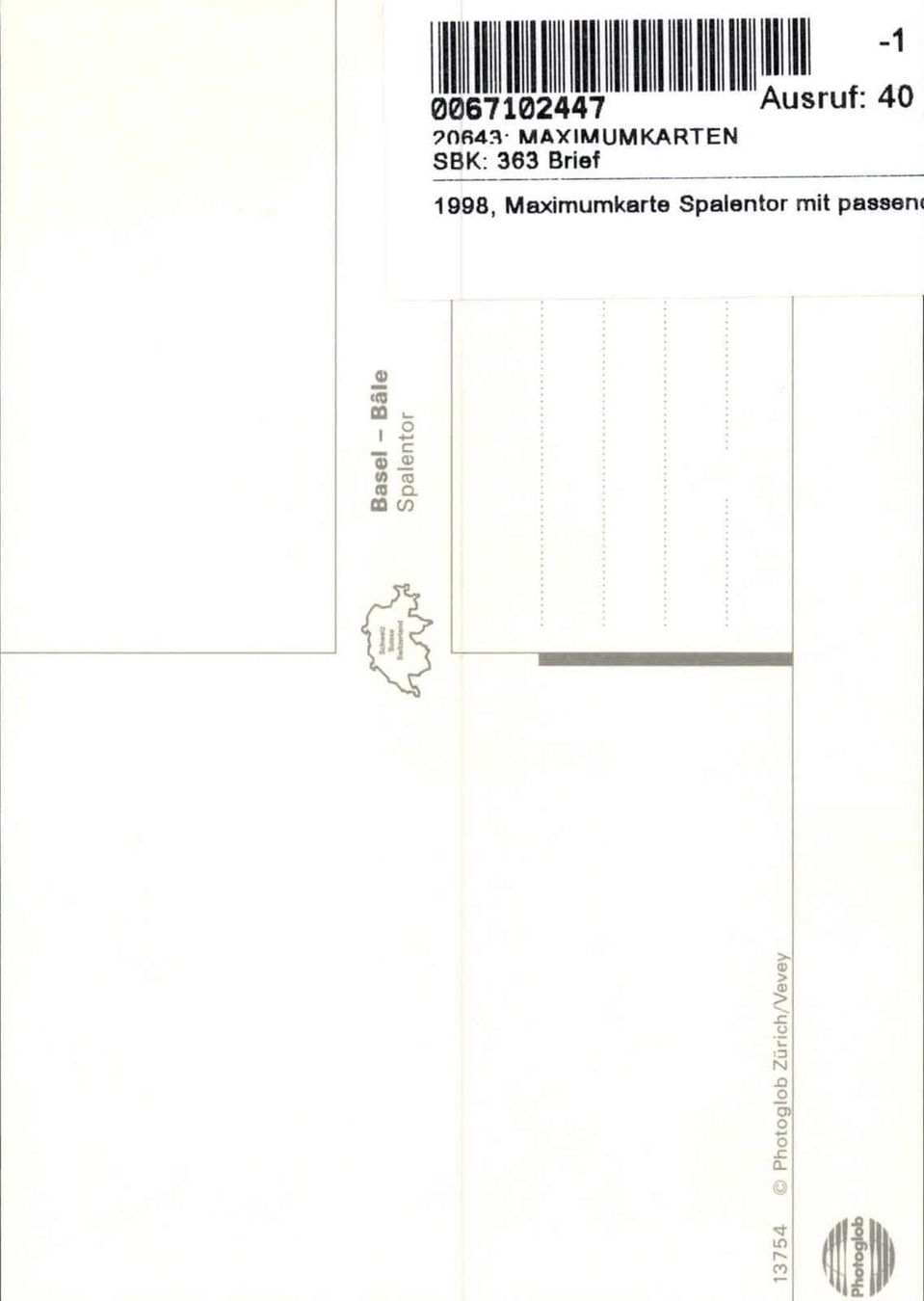Tutti i francobolli: 1998, Maximumkarte Spalentor mit passendem Stempel , – Usato da Wenslingen venduto da riger11 1
