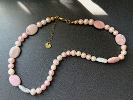 Unikat💎 New Halskette weißen-rosa Süßwasserperlen, Rhodonit
