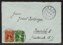 1918, J9+ auf Brief, gestempelt PFYN 3.II.18