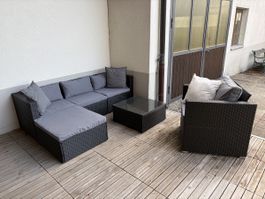 Polyrattan Sitzgruppe 5-Teilig grau inkl. Kissen und Tisch