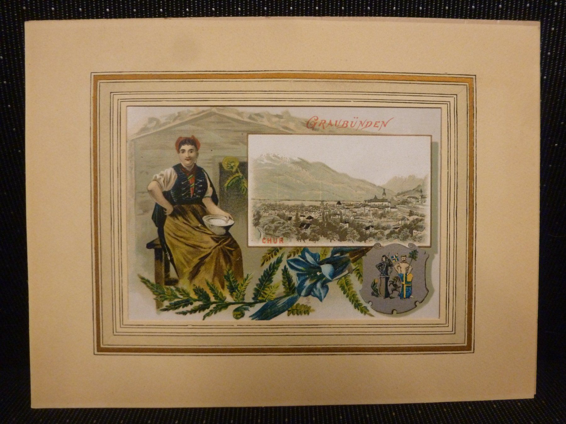 Grafica & Litografie: Lithografie, Gerahmt "Graubünden", Ansichtskarte? – Usato da Schwerzenbach venduto da Tamama