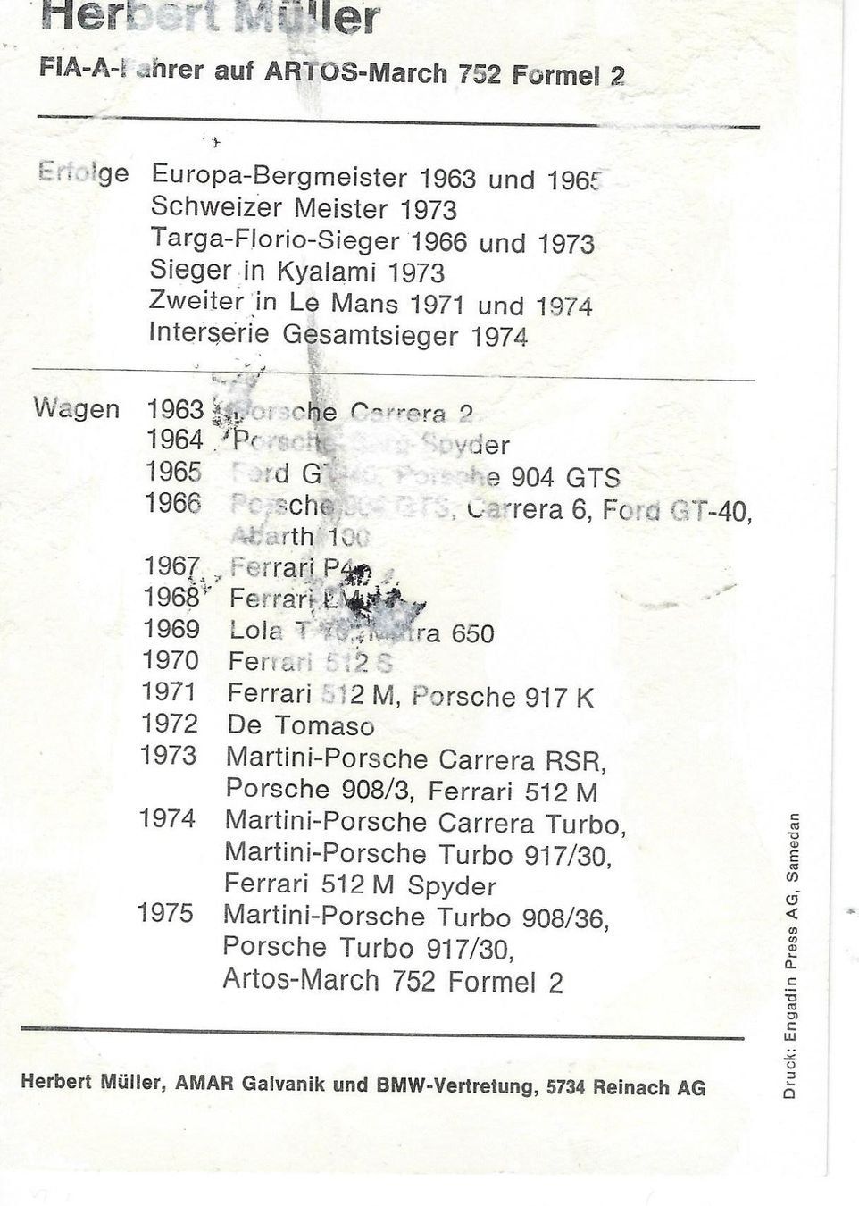Autografi: Autogrammkarte Herbert Müller – Usato da Solothurn venduto da F1shop1 1