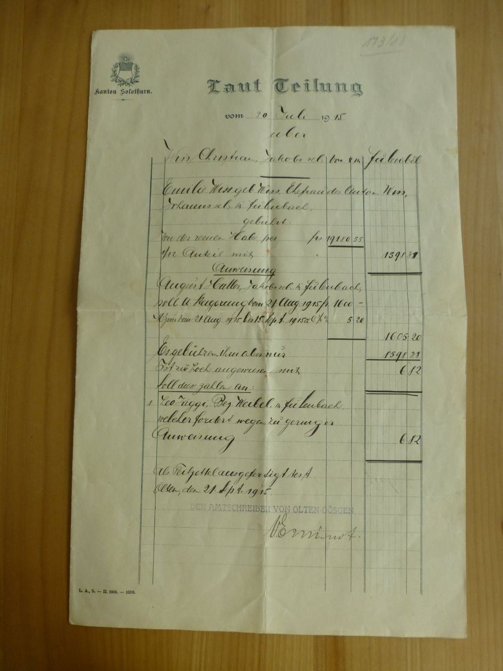 Dokumente: Fulenbach, Laut Teilung, 1915 – Gebraucht aus Bettlach von 1saurer