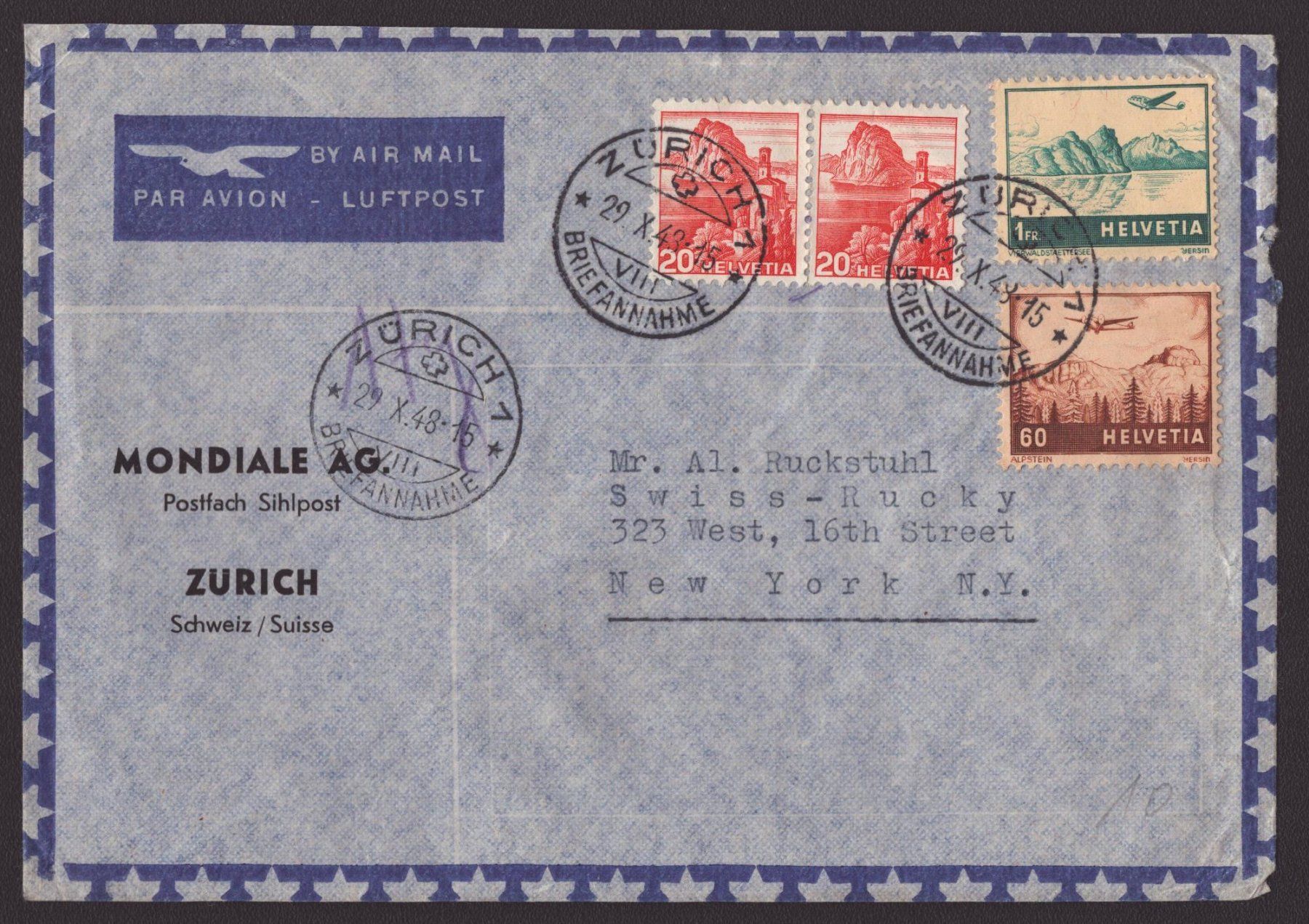 Tutti i francobolli: Courrier Par Avion , dest. New York – Usato da Delémont venduto da Silte