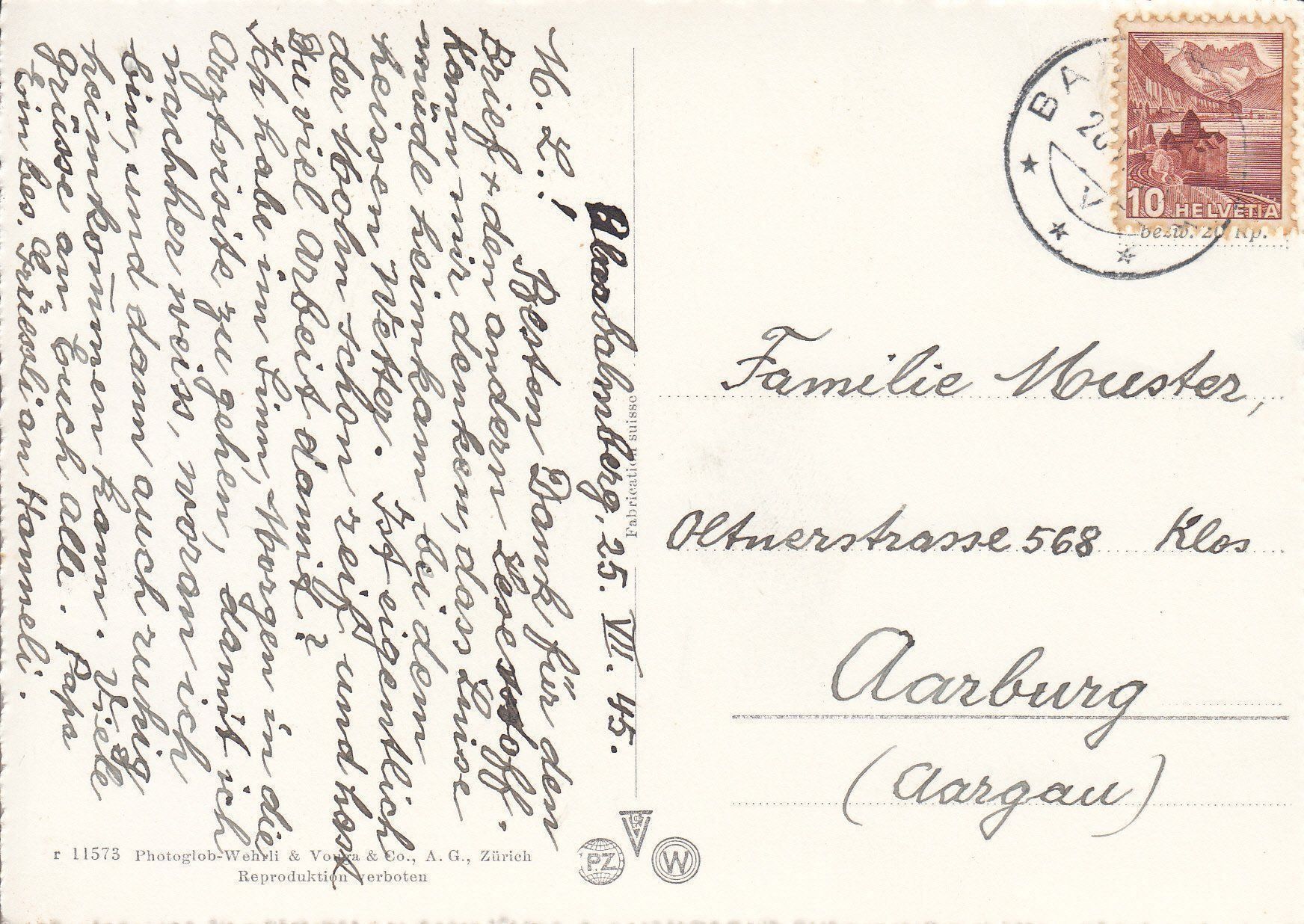 Ansichtskarten: Schaffhausen zum Ritter 1945 – Gebraucht aus Bürglen TG von StampGraf 1