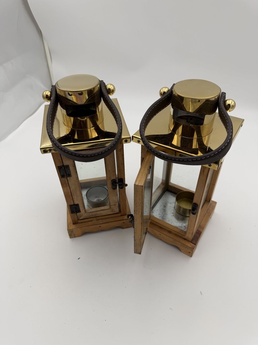 Lanterne: 2 Windlichter Holz Messing mit Ledergriff gebraucht – Usato da Rotkreuz venduto da GoldHeinz 3