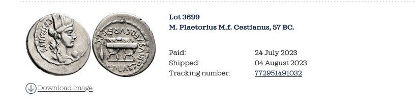 Tutti le monete: M. PLAETORIUS M.f. CESTIANUS silver denarius – Usato da La Sarraz venduto da classicworldcoins 1