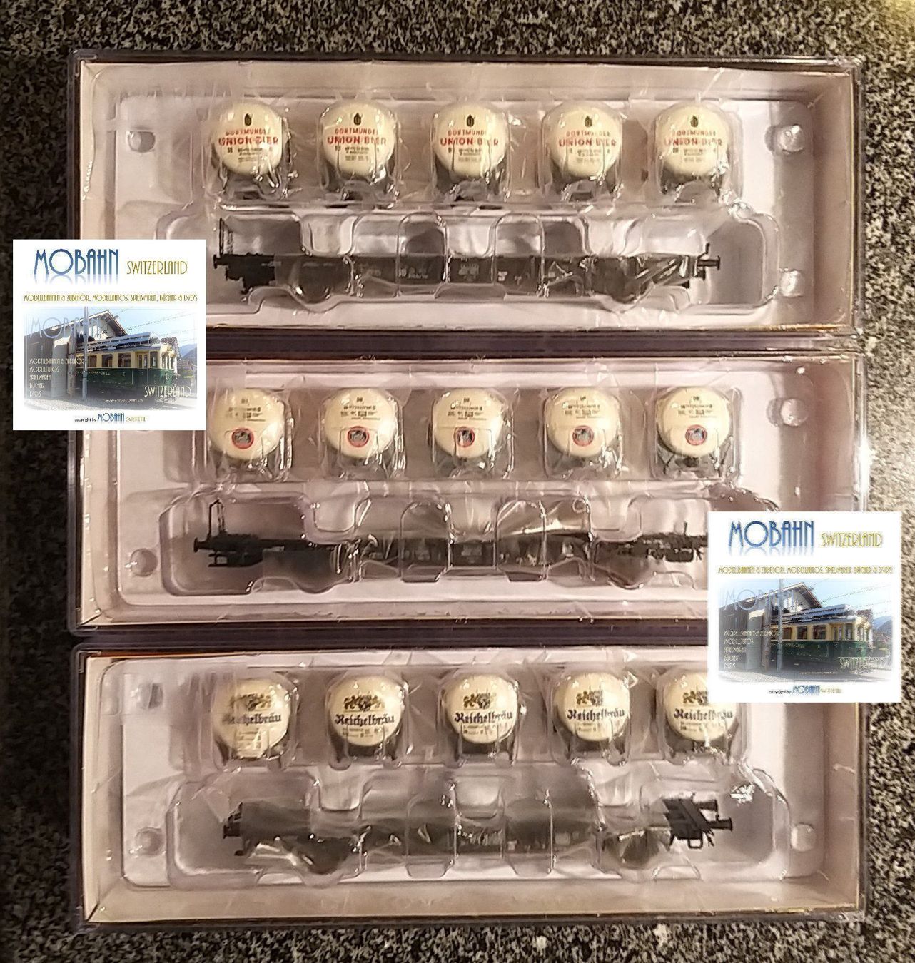 Brawa Modellini di ferrovie: BRAWA - 3 verschiedene Bierbehältertragwagen der DB – Nuovo e nell'imballaggio originale da Rotkreuz venduto da MOBAHN-1zu87 1