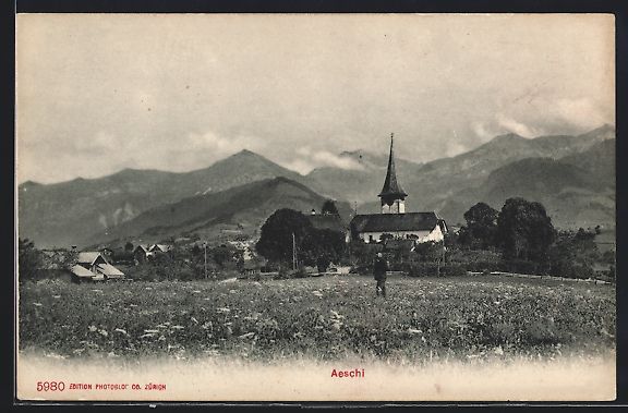 Cartoline postali: Aeschi, Ortspanorama von einer Wiese aus – Usato da Berlin venduto da bartko-reher