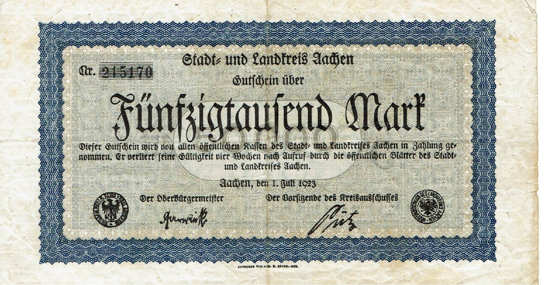 Banconote: Aachen 50000 Mark 01.07.1923 SS+-SS++ – Usato da Steffisburg venduto da ber_8htf