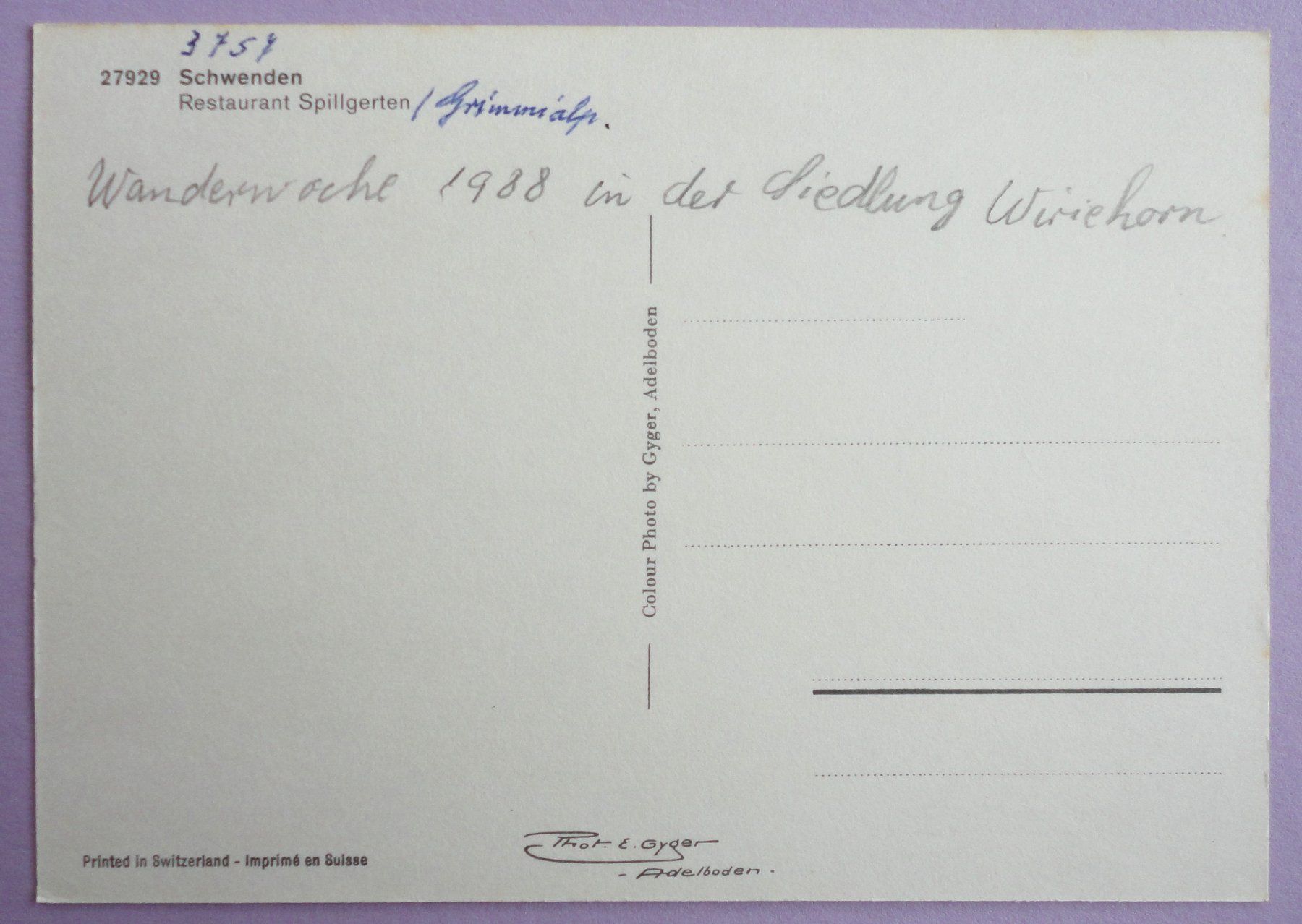 Cartoline postali: Schwenden, Rest. Spillgerten – Usato da Fétigny venduto da Billy2miny 1