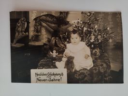 Alte Weihnachtskarte, Kind mit Teddybär, Rarität!