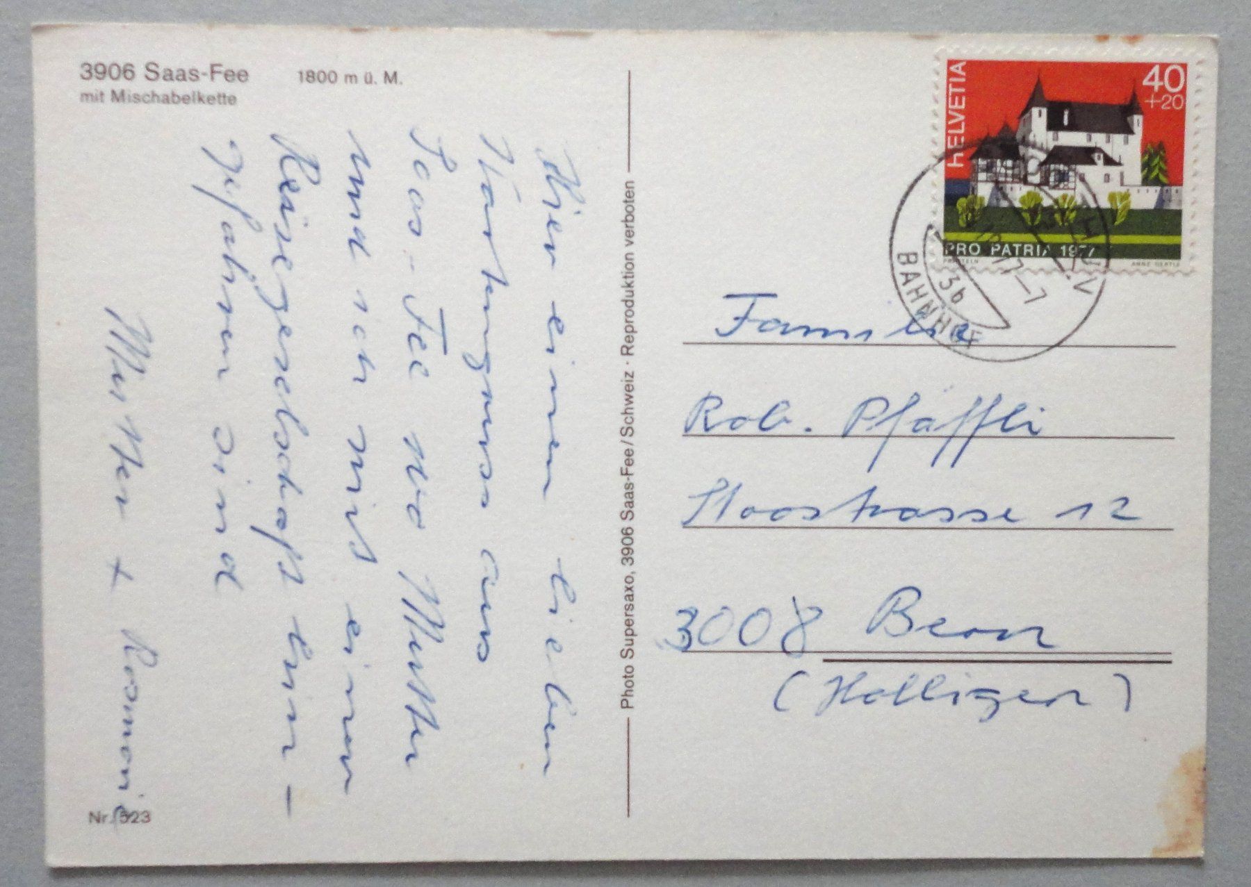Cartoline postali: Saas-Fee 1800 m ü.M. mit Mischabelkette – Difettoso da Fétigny venduto da Billy2miny 1