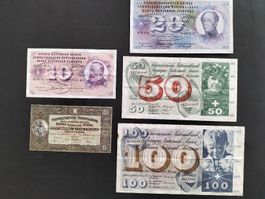 Schweizer Banknoten alt, Set mit 5,10,20,50,100 Franken