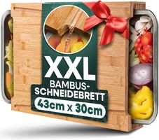 Schneidebrett Bambus mit 2 Edelstahl Auffangschalen 43x30cm